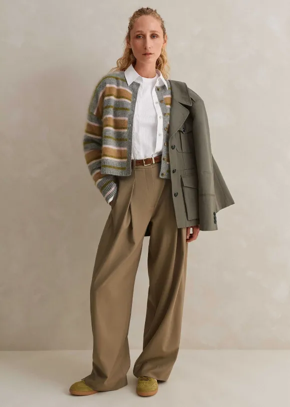 Brushed Cashmere Crew Neck Stripe Cardigan