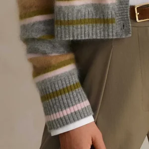 Brushed Cashmere Crew Neck Stripe Cardigan