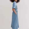 Chambray Shirred Maxi Shirt Dress