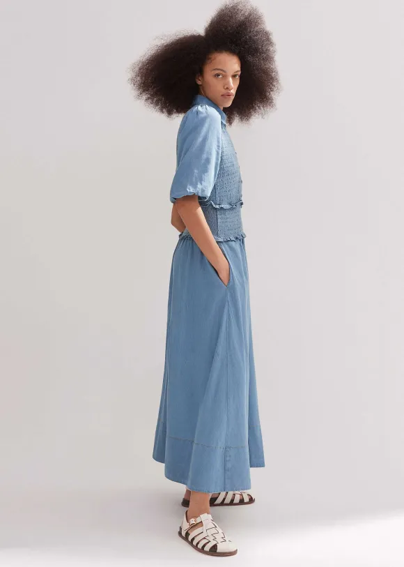 Chambray Shirred Maxi Shirt Dress