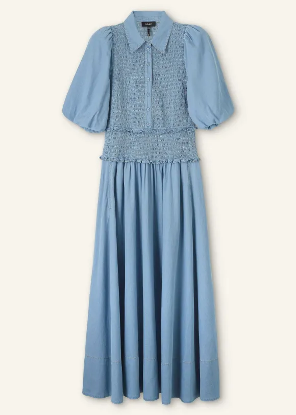 Chambray Shirred Maxi Shirt Dress