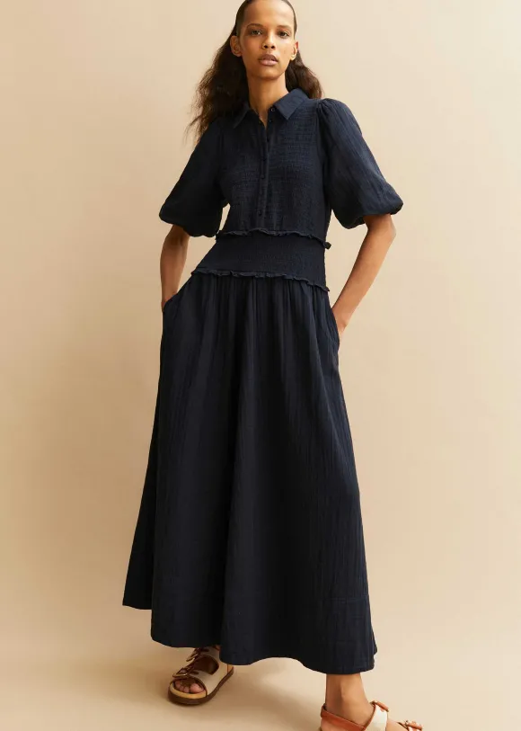 Cheesecloth Shirred Maxi Shirt Dress