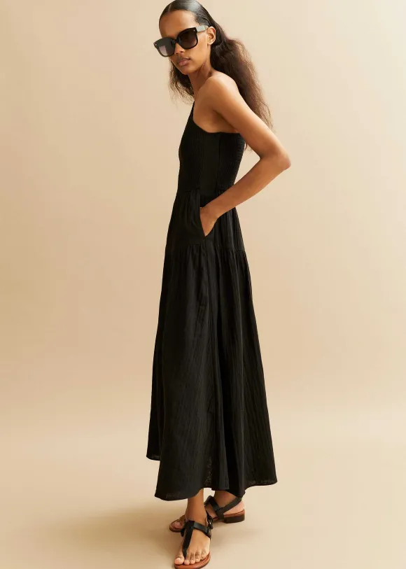 Cheesecloth Shirred One Shoulder Maxi Dress