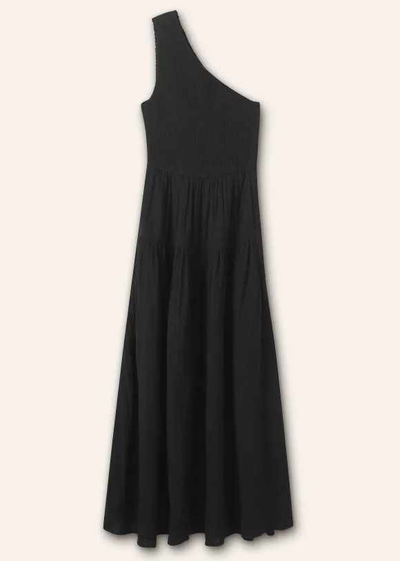 Cheesecloth Shirred One Shoulder Maxi Dress