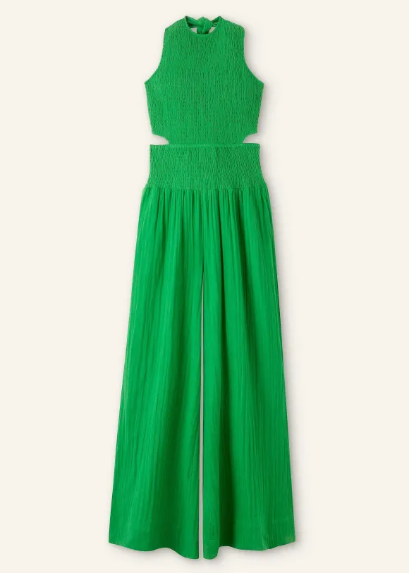 Cheesecloth Shirred Wide-Leg Jumpsuit