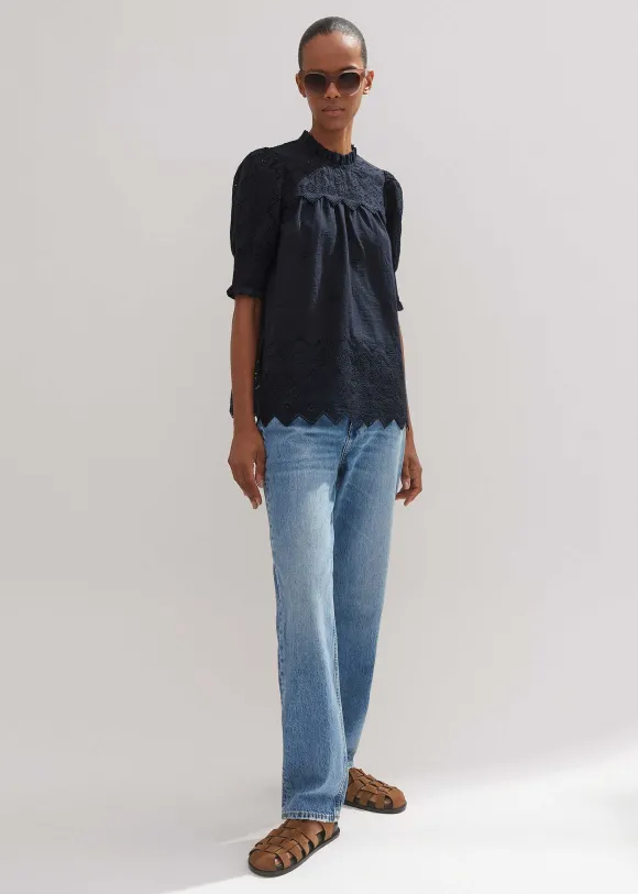 Cotton Broderie Highneck Top