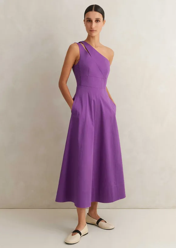 Cotton Sateen One Shoulder Midi Dress