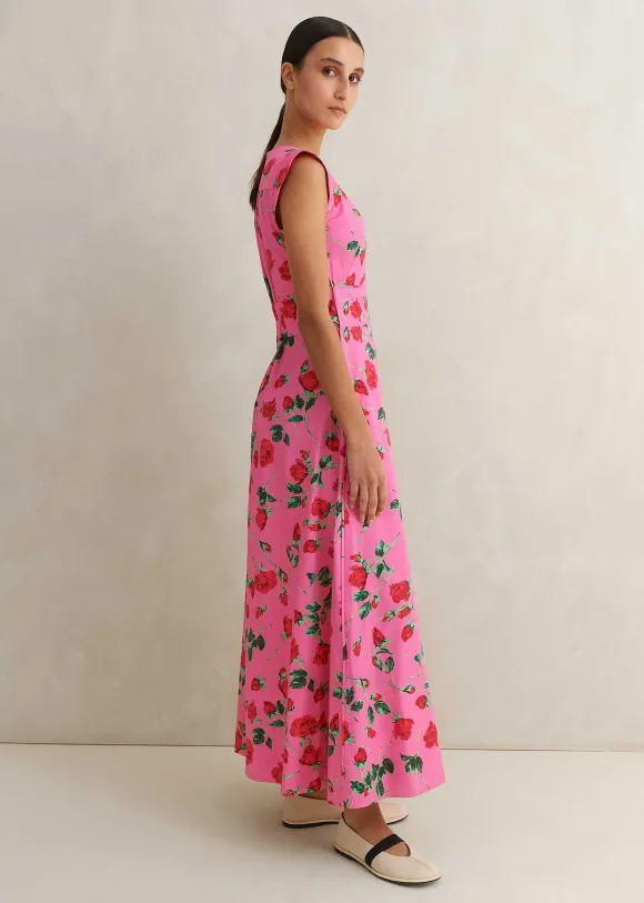 Cotton Sateen Rose Print Maxi Dress