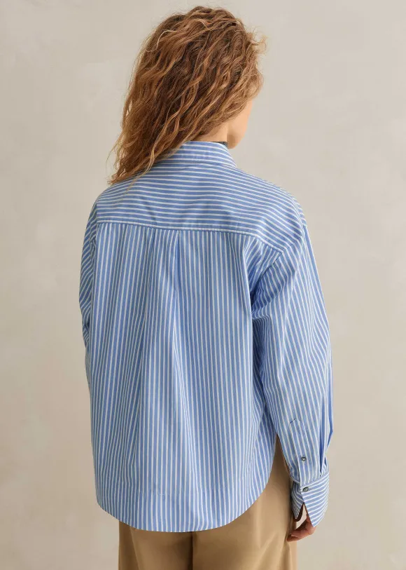 Cotton Stripe Dipped Hem Crop Shirt