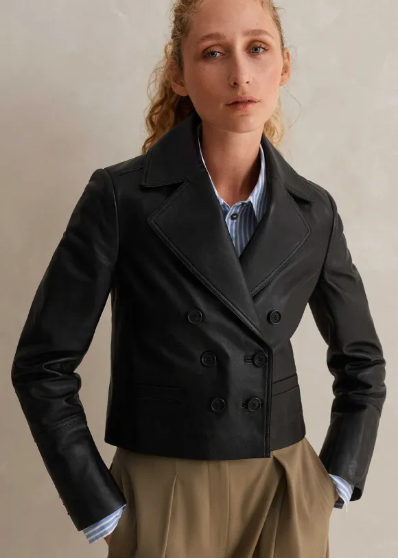 Cropped Leather Military Jacket