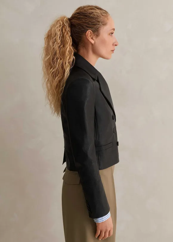 Cropped Leather Military Jacket