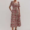 Linen-Blend Baroque Print Midi Dress