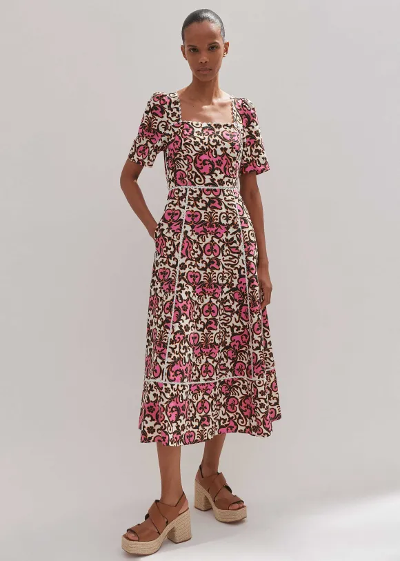 Linen-Blend Baroque Print Midi Dress