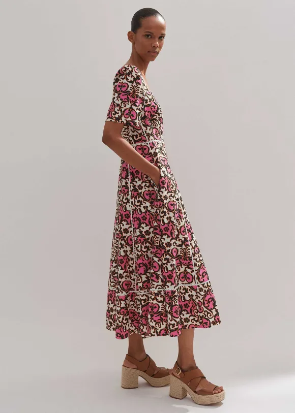 Linen-Blend Baroque Print Midi Dress