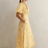 Linen-Blend Lace Print Midi Dress