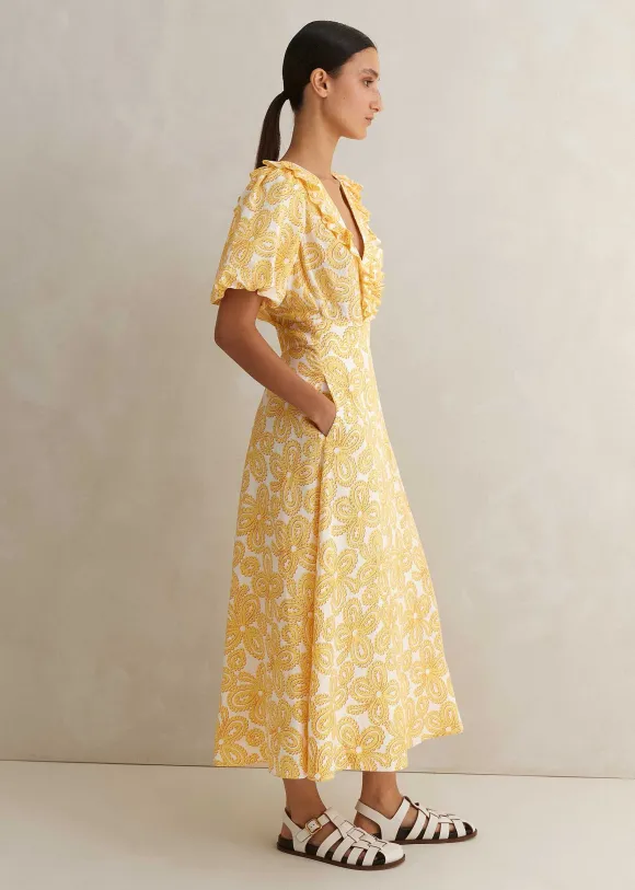 Linen-Blend Lace Print Midi Dress