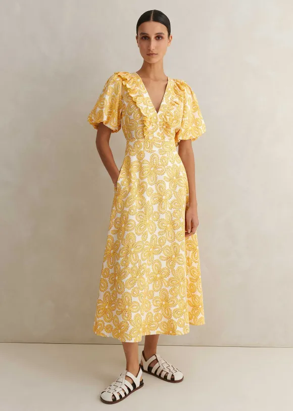 Linen-Blend Lace Print Midi Dress