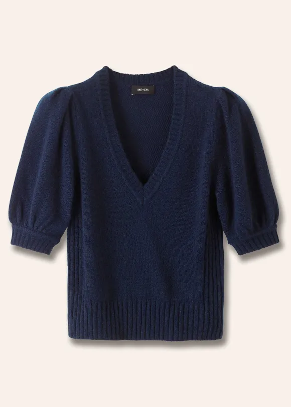 Lofty Wool Cashmere Silk V Neck Pouf Sleeve Tee