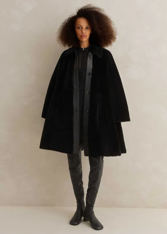 Luxe Shearling Leather Mix Swing Coat