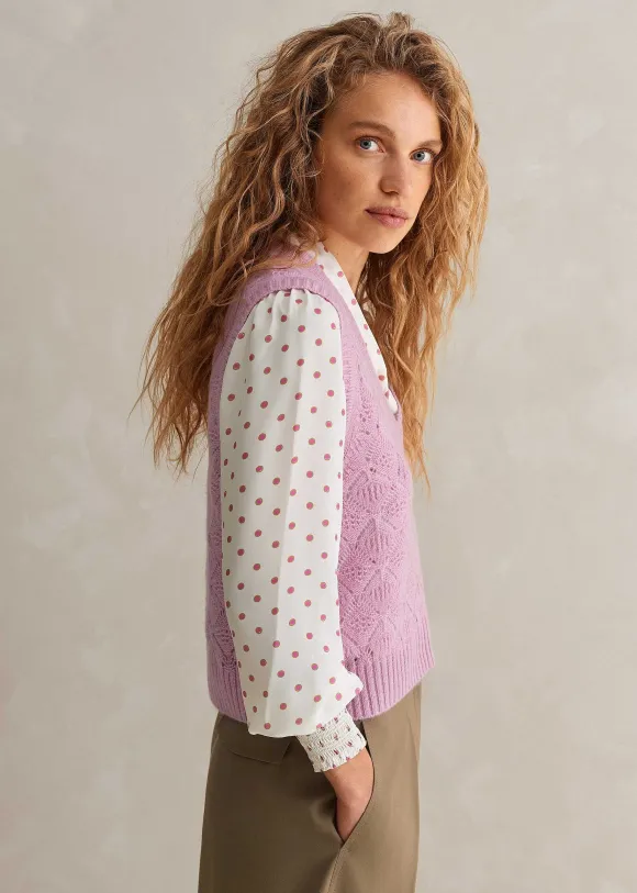 Merino Cashmere Silk Lace Stitch V-Neck Vest