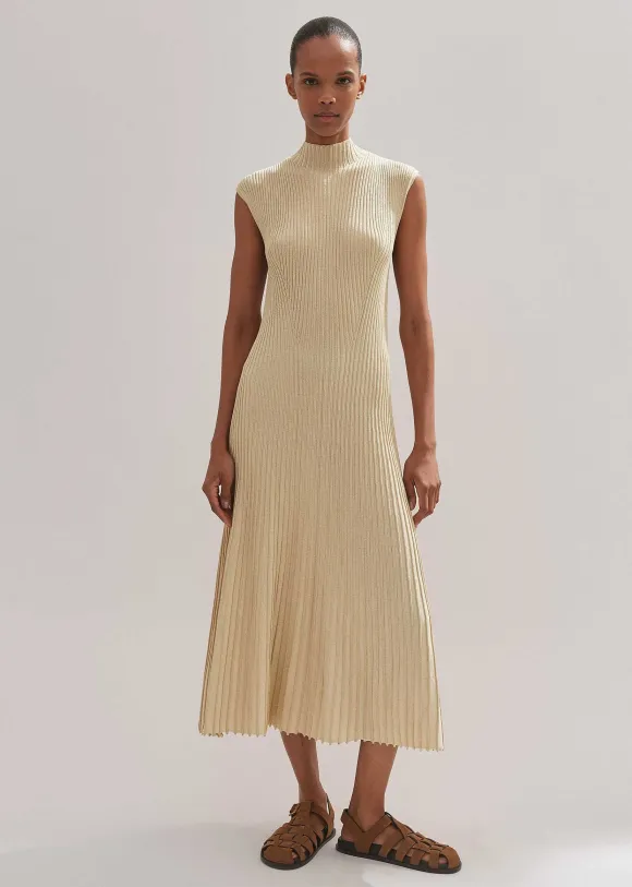 Metallic Rib Knit Cap Sleeve Midi Dress