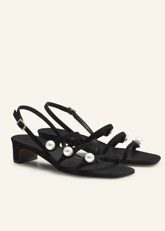 Pearl Detail Suede Kitten Sandal