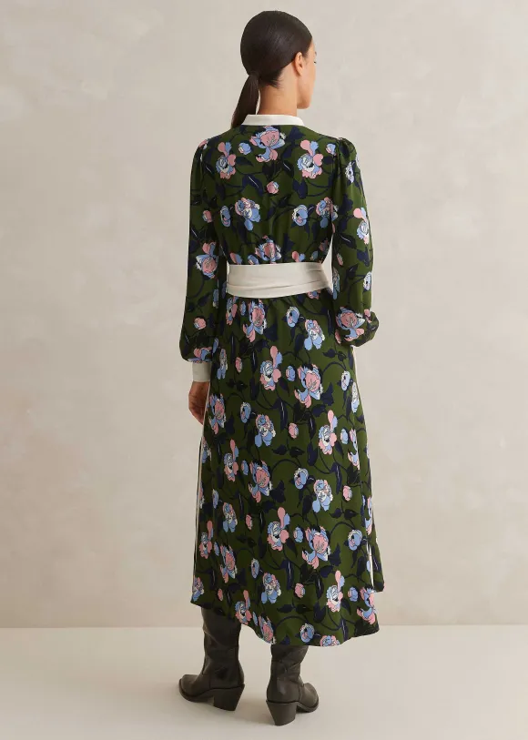 Rose Print Panelled Midi Dress