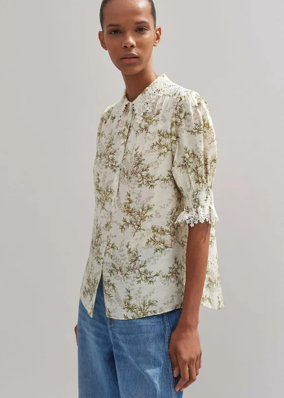 Shadow Berry Print Embroidered Collar Blouse