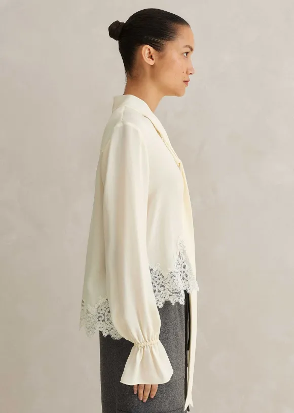Silk + Lace Cropped Pussybow Blouse