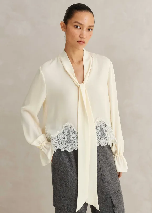 Silk + Lace Cropped Pussybow Blouse
