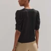 Silk Button-Through Pouf Sleeve Knit Top