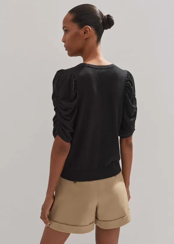 Silk Button-Through Pouf Sleeve Knit Top