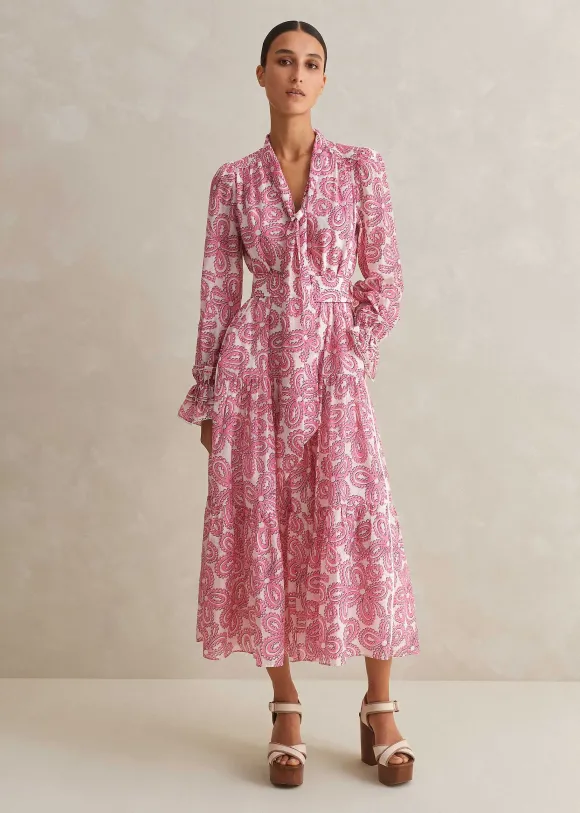 Silk Cotton Flower Print Midi Dress + Belt