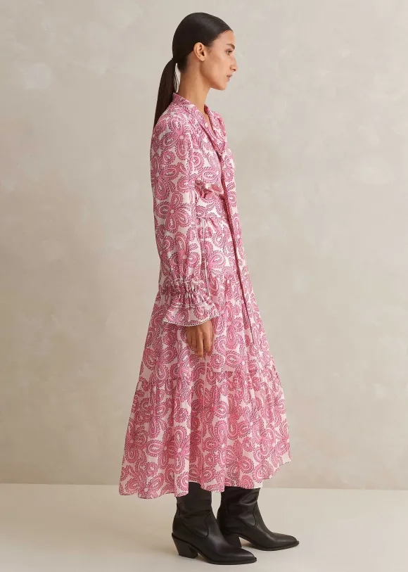 Silk Cotton Flower Print Midi Dress + Belt