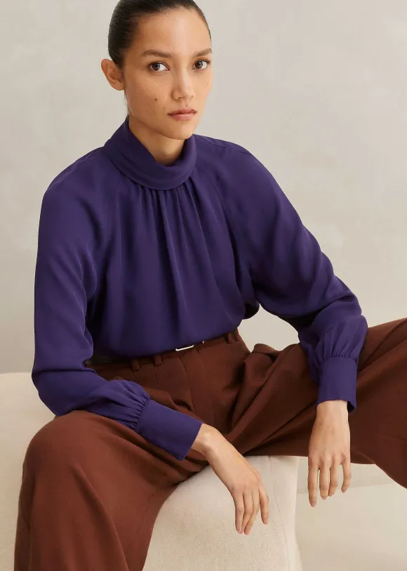 Silk High Neck Raglan Sleeve Top