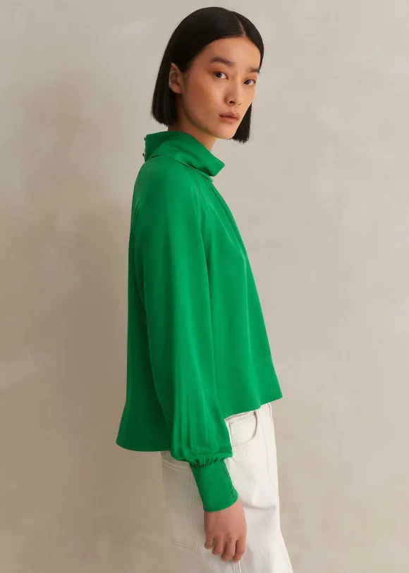 Silk High Neck Raglan Sleeve Top