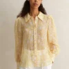 Silk-Linen Lace Print Balloon Sleeve Blouse