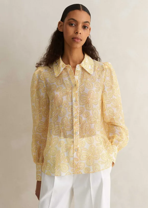 Silk-Linen Lace Print Balloon Sleeve Blouse