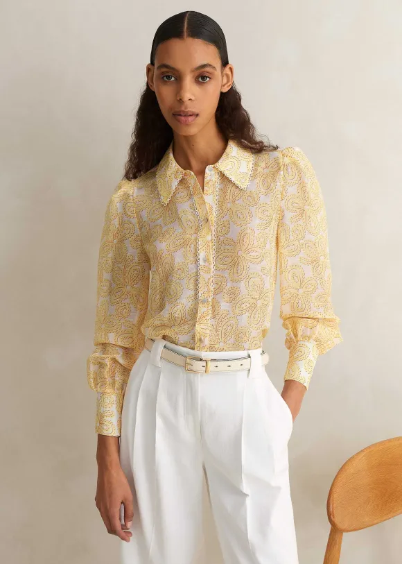 Silk-Linen Lace Print Balloon Sleeve Blouse