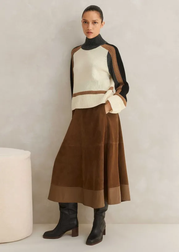 Suede Mix High-Waisted Midi Skirt